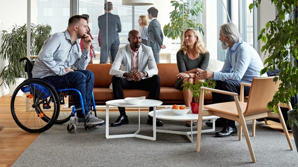 4 people talking around a coffee table. The man on the left is a white male wheelchair user. The man in the middle is a black male. Next to him are a white female and a white male.